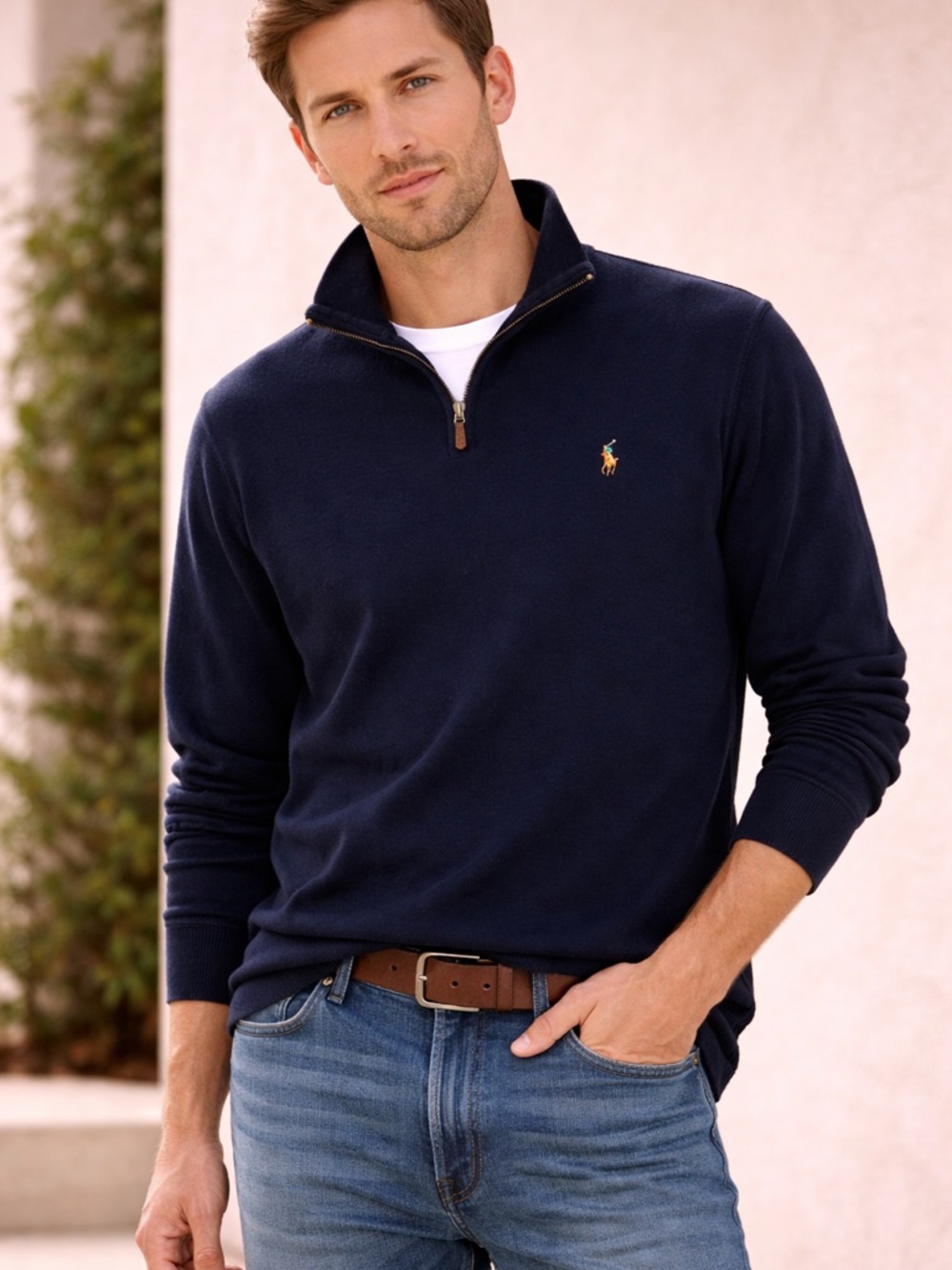 Quarter Zip Classic Preppy Coastal Navy Estate Rib Size L Polo Ralph Lauren